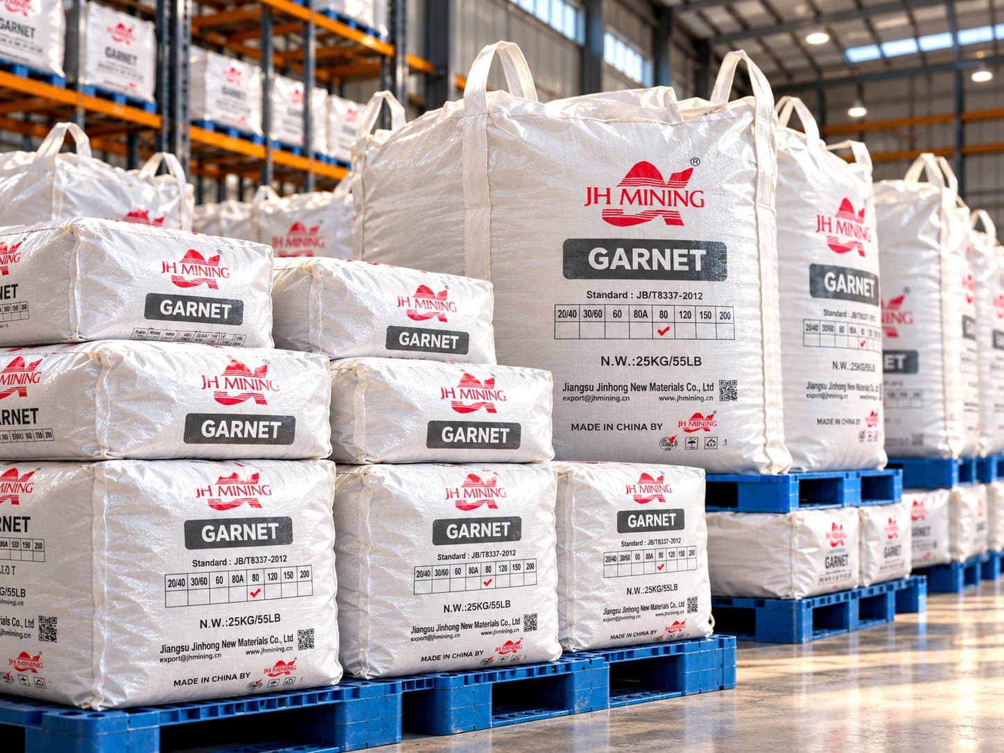 Stacked garnet abrasive bags on pallets (illustrative)